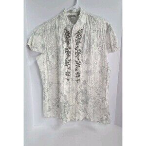Peter Nygard Women's Ivory Lacey Mandrin Coller Snap Closure Blouse Sz 12 NWT